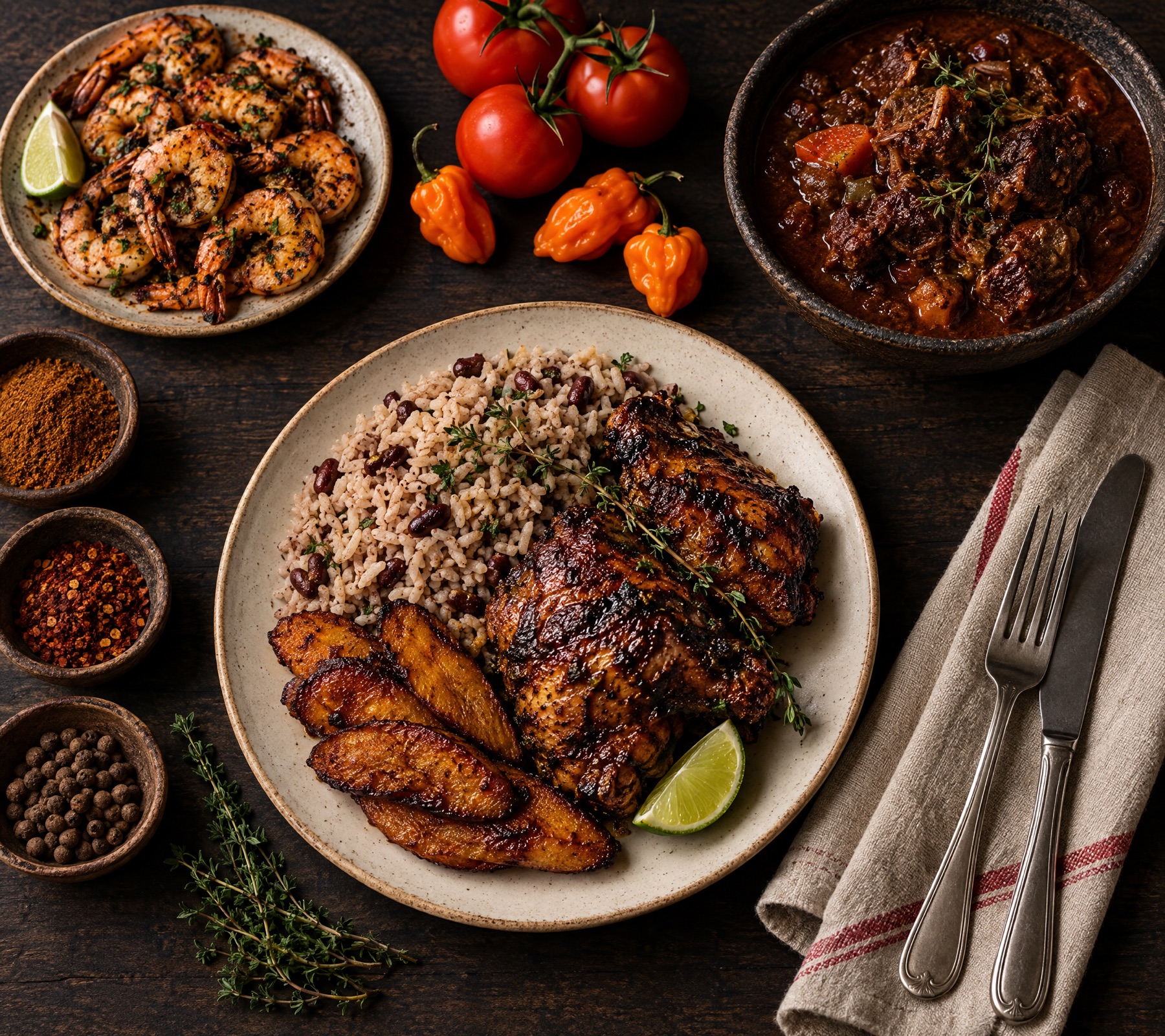Overhead view of a catering spread: rice and peas with grilled jerk-style chicken and fried plantains, a bowl of stew, grilled shrimp, tomatoes, and scotch bonnet peppers.