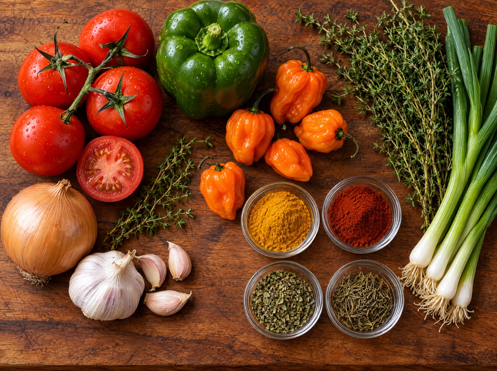 Fresh tomatoes, green bell pepper, scotch bonnet peppers, onion, garlic, thyme, scallions, and bowls of spices on a wooden board.