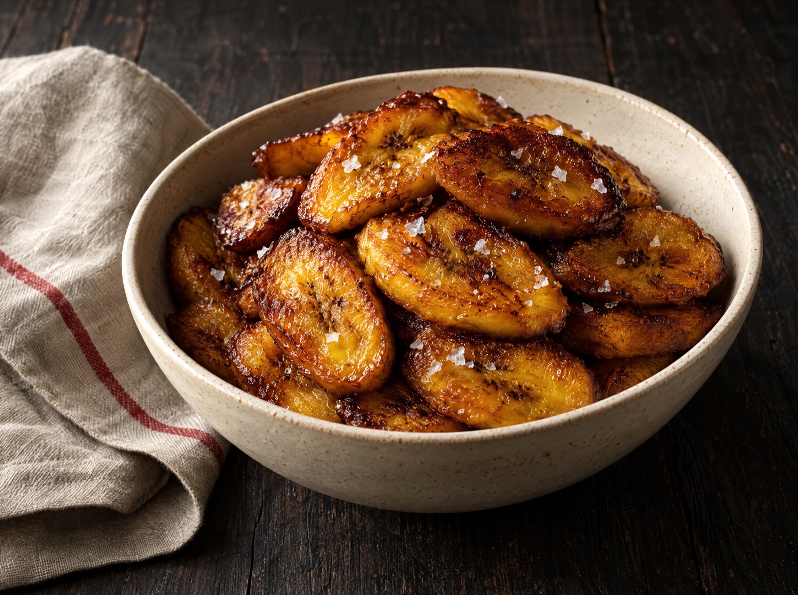 Cream bowl piled with caramelized fried sweet plantains sprinkled with flaky salt.